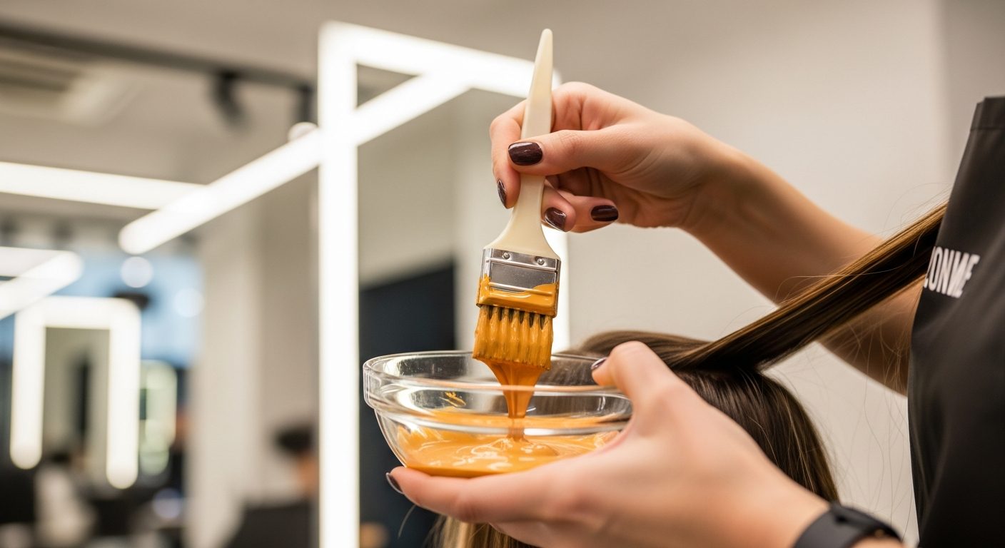 Coloriste professionnelle appliquant une coloration Majirel en salon de coiffure